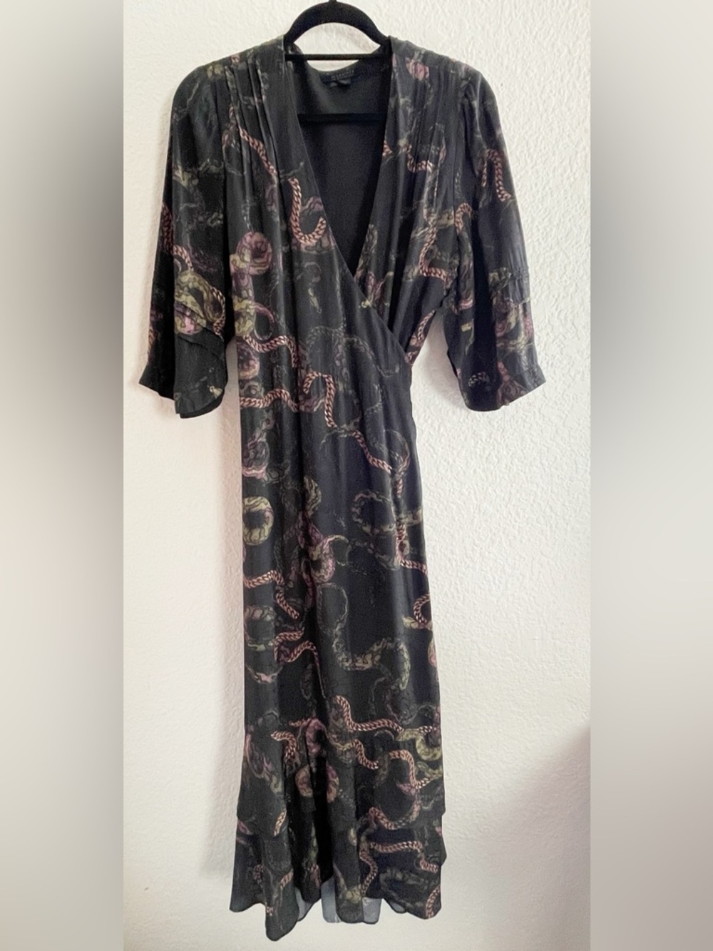 AllSaints Delana Tempest Wrap Slip Dress in deep green with snake- print - Picture 5 of 12